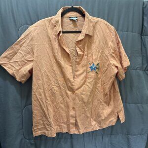 Leslie Fay women's 2XL Dress Shirt Linen Blend short sleeve Orange floral Padded